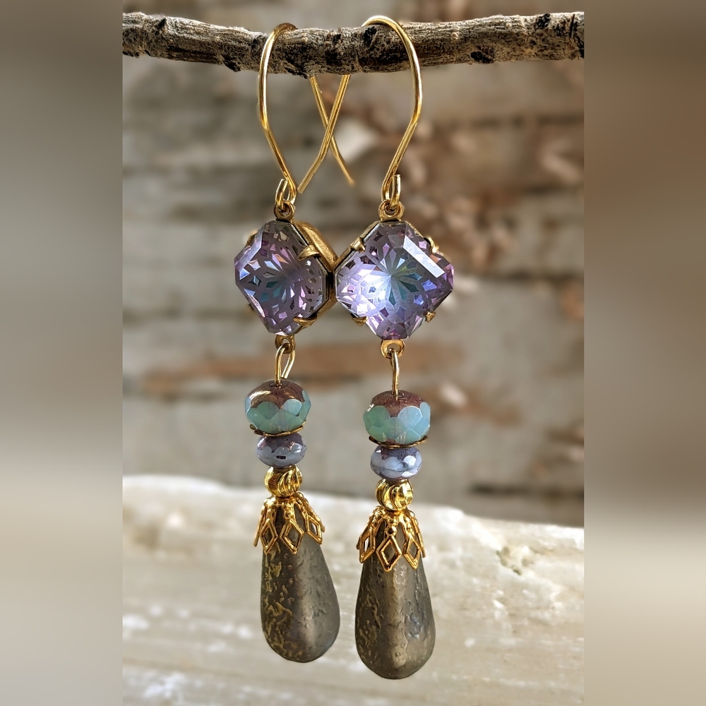 Victorian Sky Blue & Lilac W/ Gold Etching & Glass Flower In 18k GP Earrings
